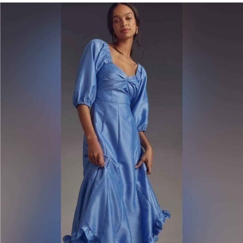 Anthropologie blue twisted front puff sleeve ruffle hem dress